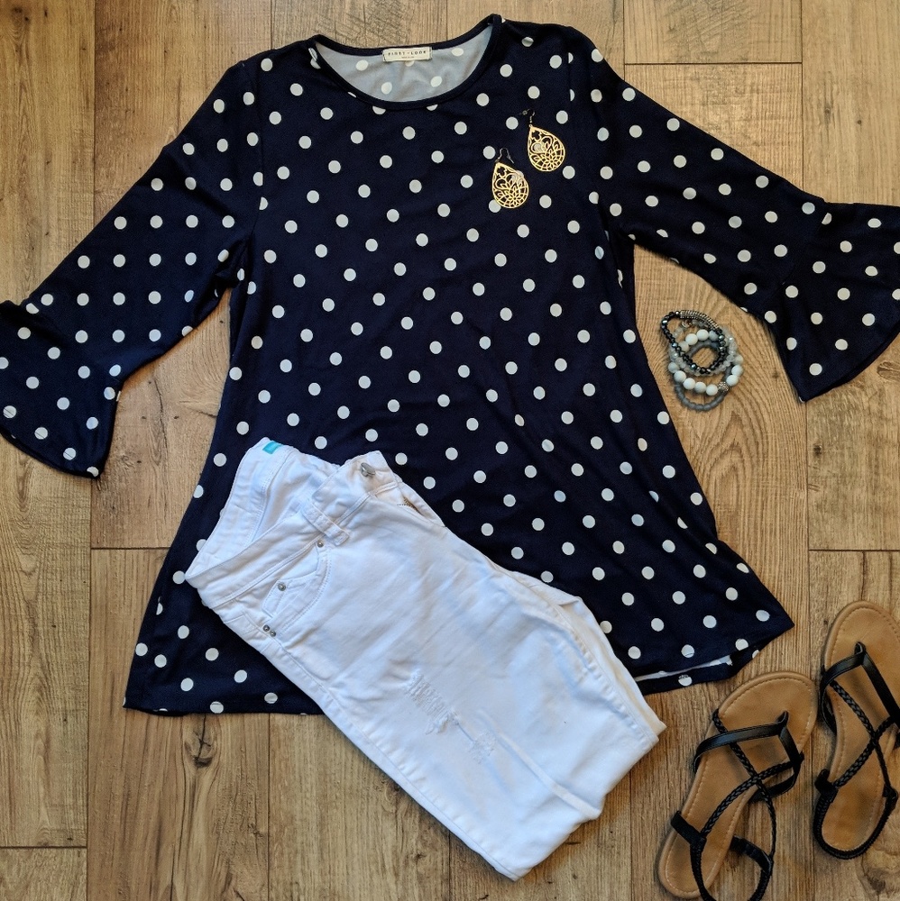 3/4 Slight Bell Sleeve Navy Top with Polka Dots
